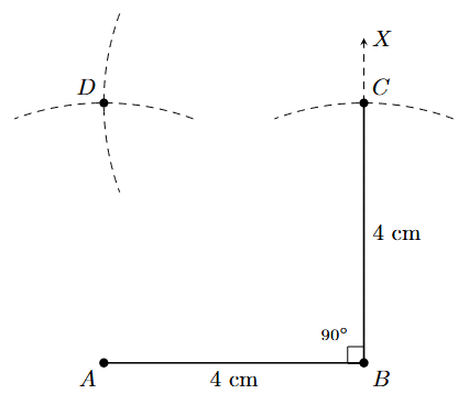 Step 5: Locate point D by arcs from A and C